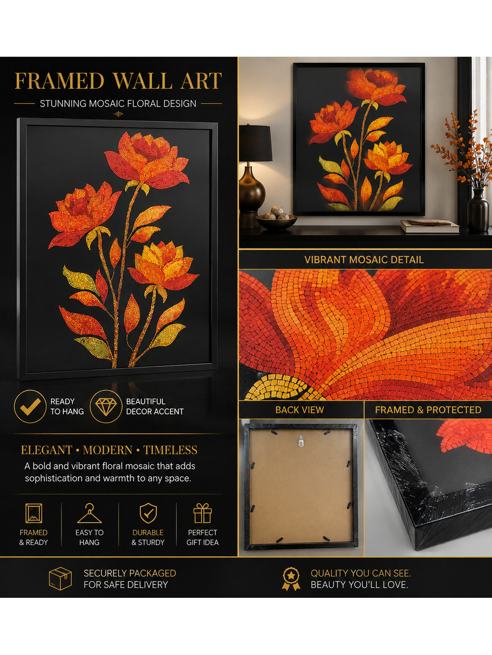Framed Mosaic Botanical Flower Wall Art Print Black Frame Bathroom Hallway Decor